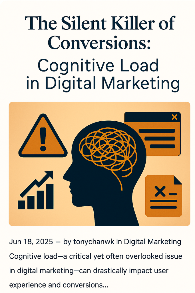 A digital illustration showing a human head with a tangled brain, surrounded by icons like warning signs and crossed-out forms, symbolizing cognitive overload in digital marketing.
