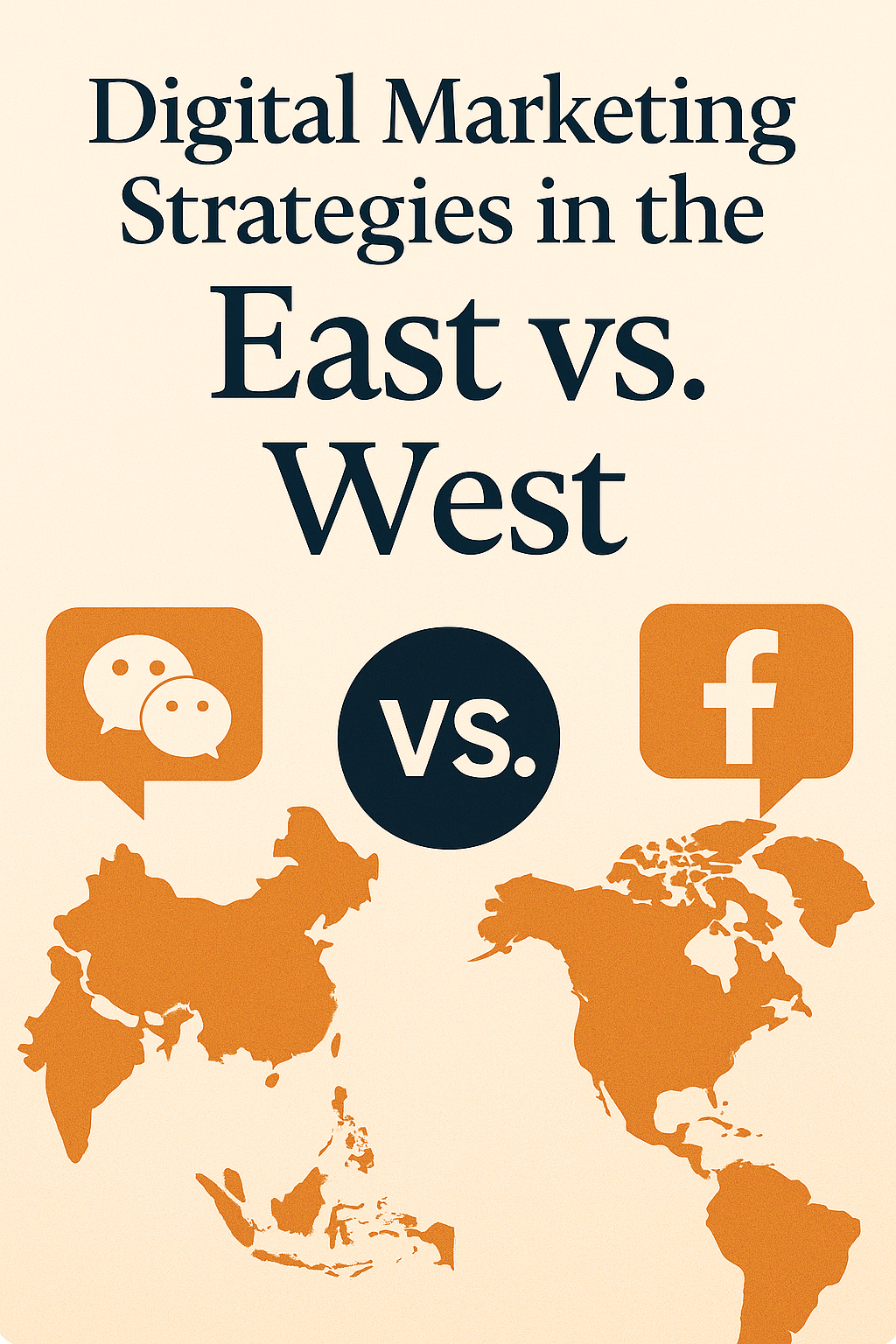Illustration showing diverse digital marketing methods and media across Western and Eastern cultures
