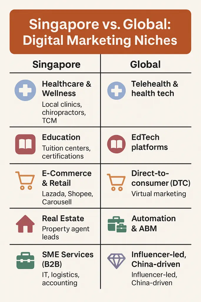 Comparing digital marketing niches in Singapore and globally. Singapore focuses on healthcare & wellness, education & training, e-commerce & retail, real estate, and SME services, while global niches highlight telehealth & health tech, edtech platforms, direct-to-consumer e-commerce, virtual real estate marketing, B2B automation & ABM, and influencer-led luxury markets in China.