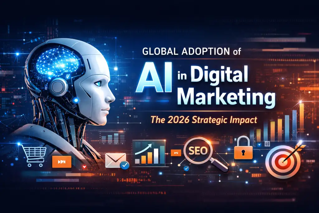 AI in digital marketing 2026 concept showing futuristic robot head with data analytics dashboard, SEO icon, growth charts and cybersecurity elements representing automation, personalization and strategic impact.