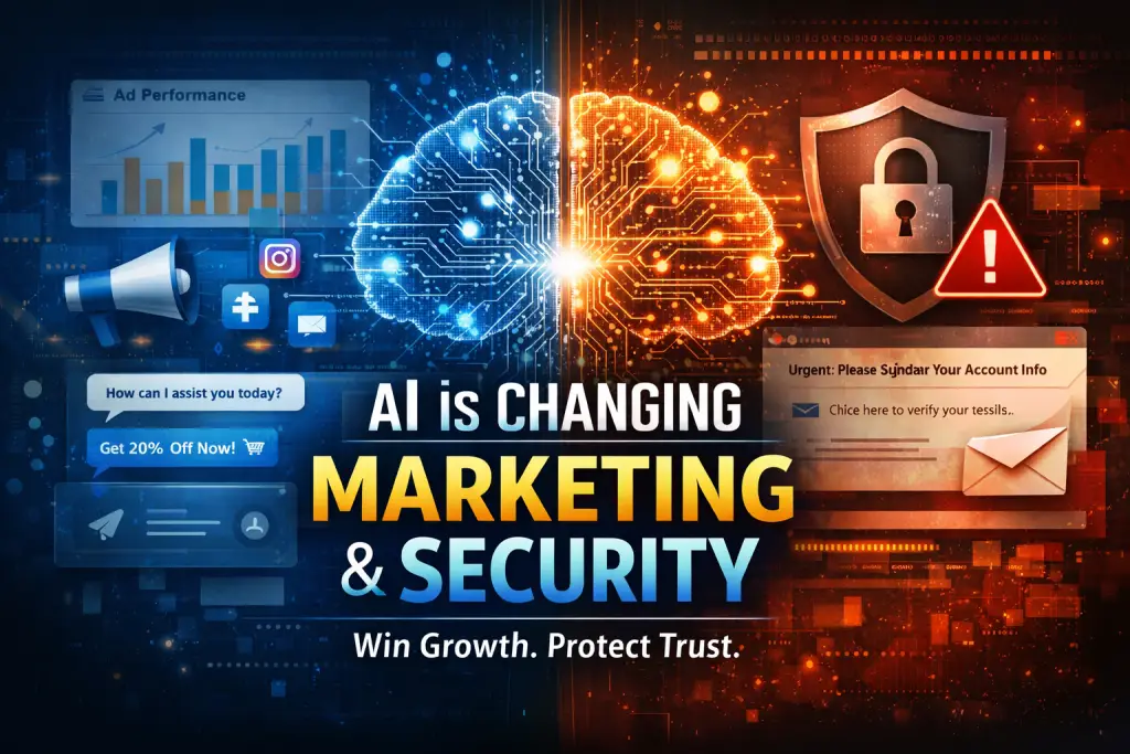 Split-screen image showing an AI brain connecting digital marketing tools on the left and cybersecurity protection icons and phishing alerts on the right, representing AI’s impact on marketing and security.
