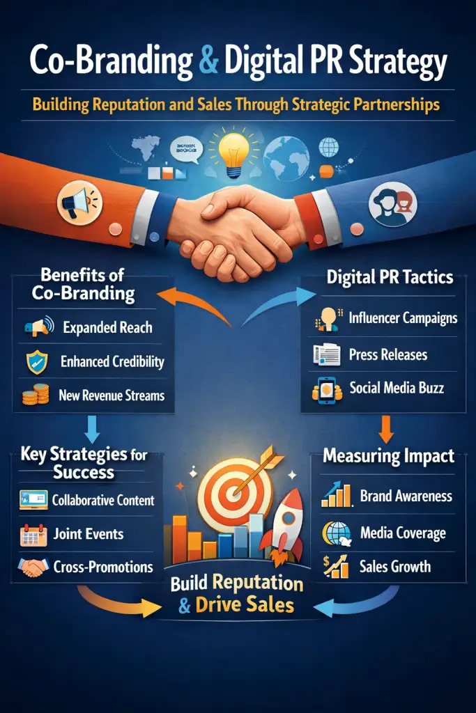 Co-Branding and Digital PR strategy infographic showing strategic partnerships, visibility growth, and sales increase against Singapore skyline