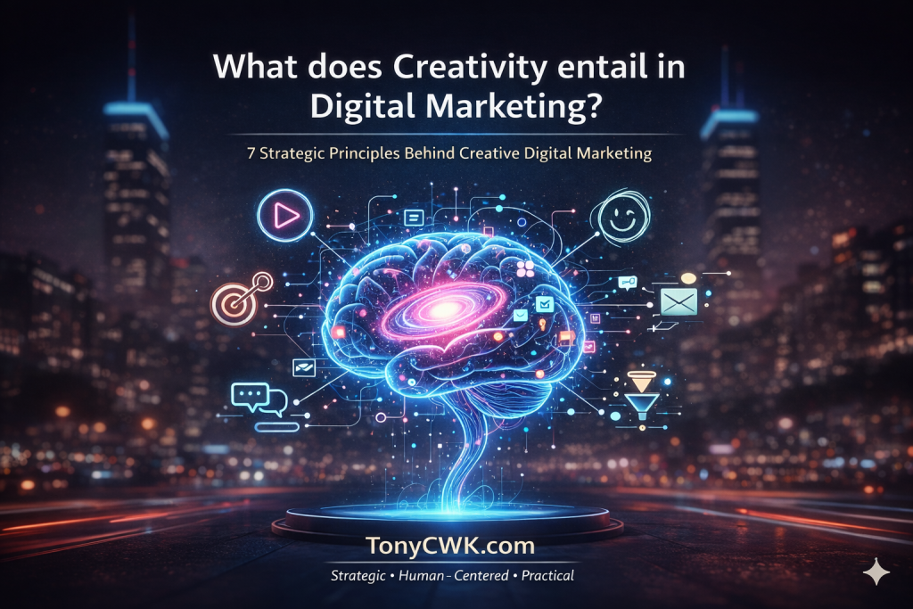 What creativity entails in digital marketing illustrated with strategic marketing icons, system connections, and human-centered thinking