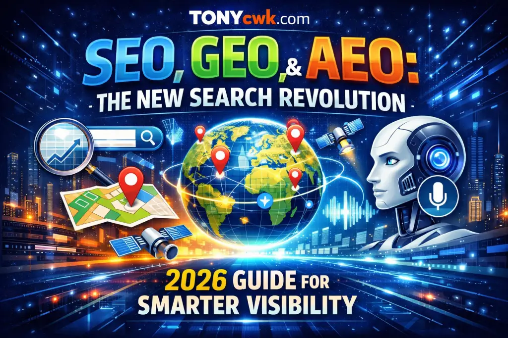 Futuristic digital illustration showing SEO, GEO, and AEO concepts with globe, AI robot, map pins, search bar, and “2026 Guide for Smarter Visibility” headline.