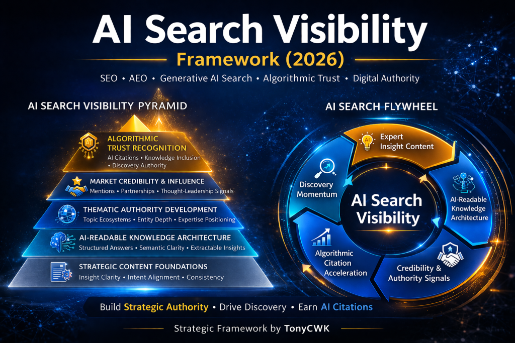 AI Search Visibility Framework 2026 infographic showing TonyCWK strategic model with AI Search Visibility Pyramid layers and AI Search Flywheel growth cycle integrating SEO, AEO and generative AI search optimisation.