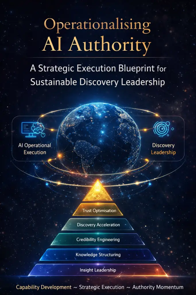 Operationalising AI Authority strategic framework infographic showing capability development pyramid, global AI discovery ecosystem sphere, and execution pathway for sustainable search visibility leadership