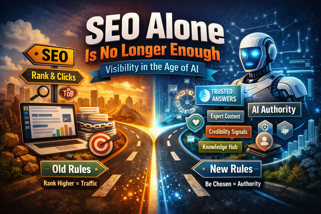 SEO Alone Is Not Enough illustration showing shift from traditional SEO ranking and clicks to AI authority, trusted answers, and knowledge-based visibility in the age of AI search