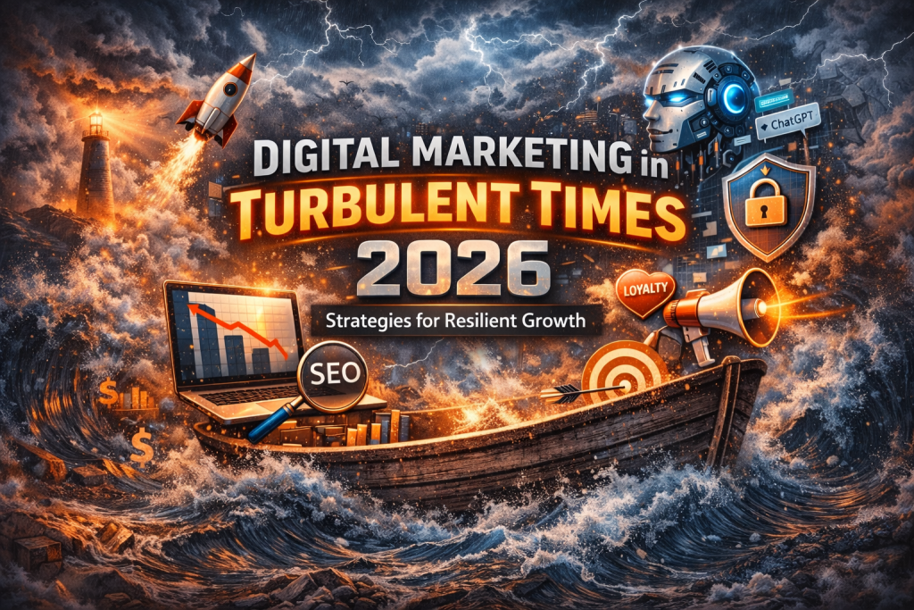 Digital marketing strategies navigating economic turbulence in 2026 with AI search, retention marketing, and resilient growth concepts