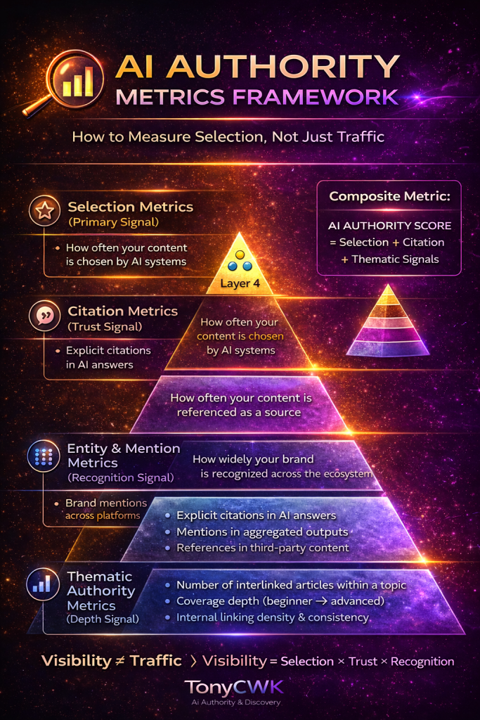 AI Authority Metrics Framework infographic showing selection, citation, entity recognition, and thematic authority layers for measuring AI-driven visibility beyond traffic