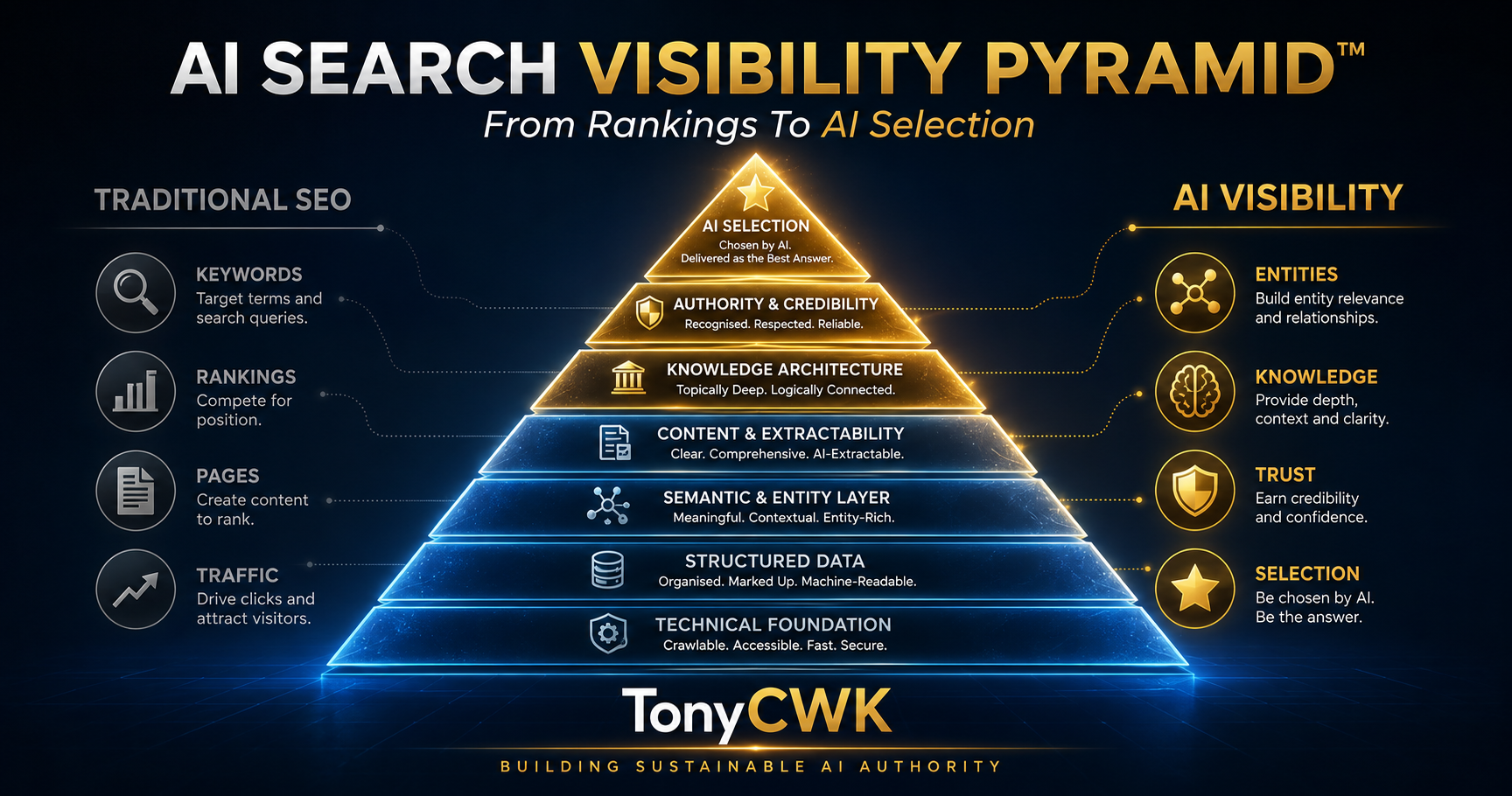 AI Search Visibility Pyramid™ infographic showing a seven-layer pyramid from Technical Foundation, Structured Data, Semantic & Entity Layer, Content & Extractability, Knowledge Architecture, Authority & Credibility, to AI Selection. The graphic compares Traditional SEO elements such as keywords, rankings, pages, and traffic with AI Visibility factors including entities, knowledge, trust, and selection.