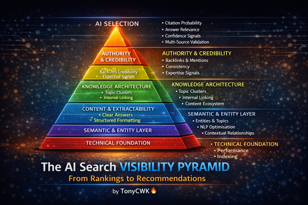 AI Search Visibility Pyramid showing layers from Technical Foundation to AI Selection, illustrating how businesses move from rankings to AI-driven recommendations