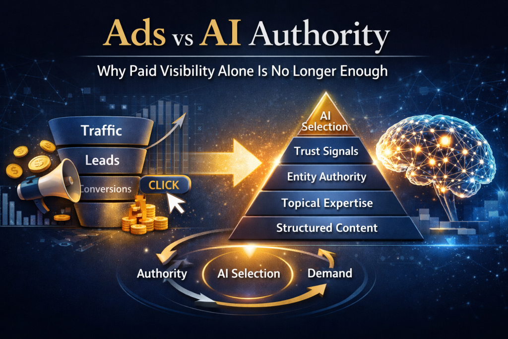 Ads vs AI Authority infographic showing transition from paid traffic funnel to AI-driven authority pyramid with selection, trust signals, and structured content.