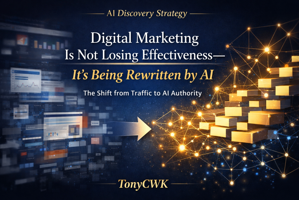Digital marketing transformation into AI-driven authority showing shift from traffic-based SEO to structured AI knowledge networks and AI selection systems