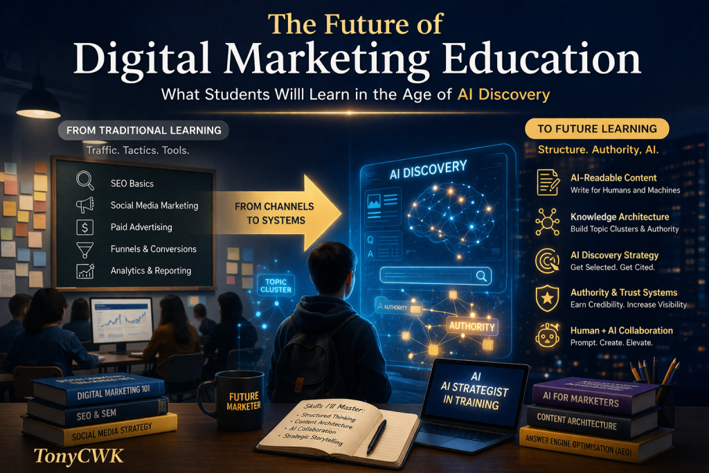 Future of digital marketing education showing transition from traditional learning methods to AI-driven discovery with structured knowledge, AI systems, and student using AI tools