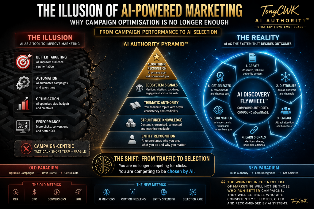 AI Authority Pyramid and AI Discovery Flywheel illustrating the shift from campaign optimisation to AI-driven selection and authority in digital marketing