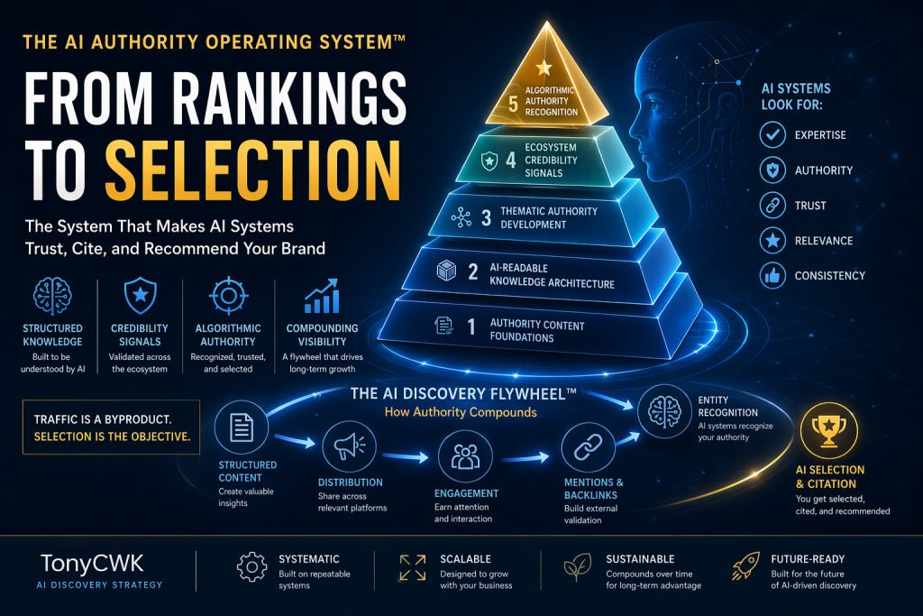 AI Authority Operating System diagram showing the shift from rankings to AI selection with authority pyramid and discovery flywheel