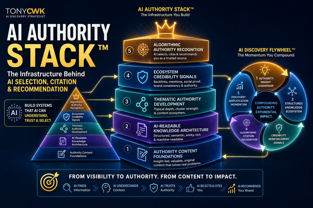 AI Authority Stack framework showing layered system of AI visibility including content, structure, credibility, and recognition
