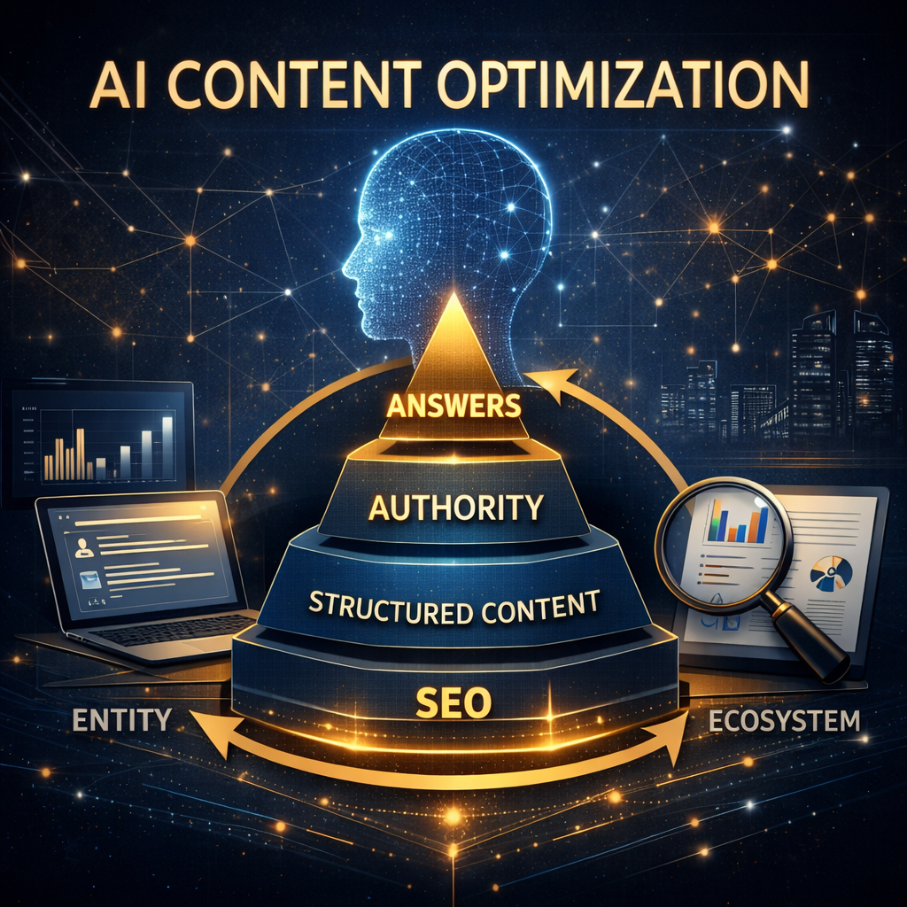 AI Content Optimization pyramid showing SEO foundation, structured content, authority, and answers, supported by entity and ecosystem signals
