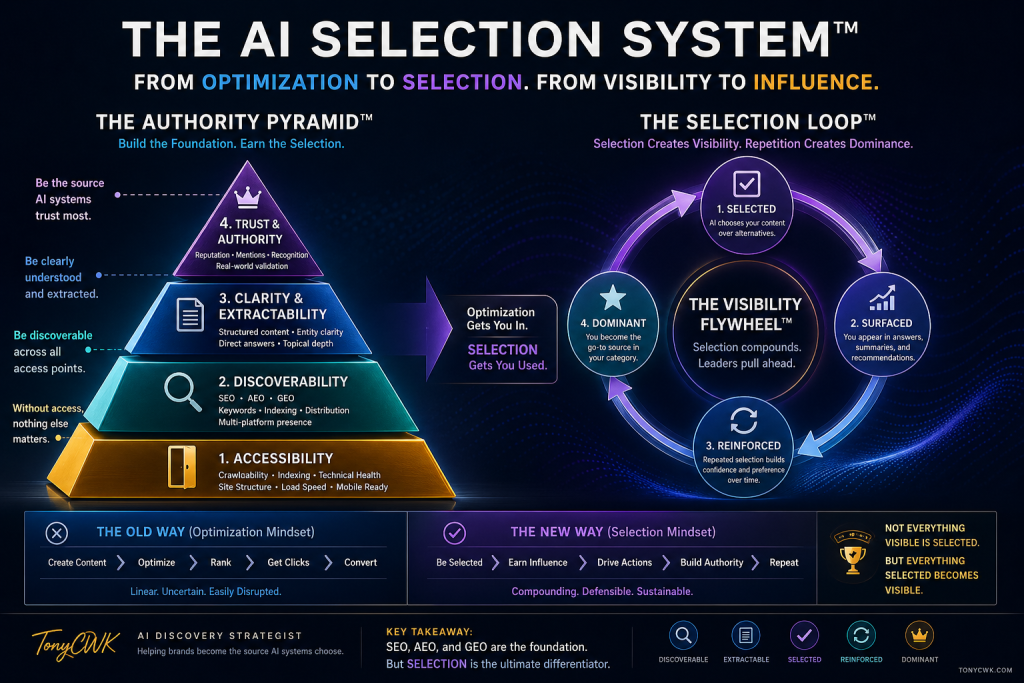AI Selection System infographic showing Authority Pyramid and Selection Loop explaining how visibility shifts from optimization to AI-driven selection and reinforcement
