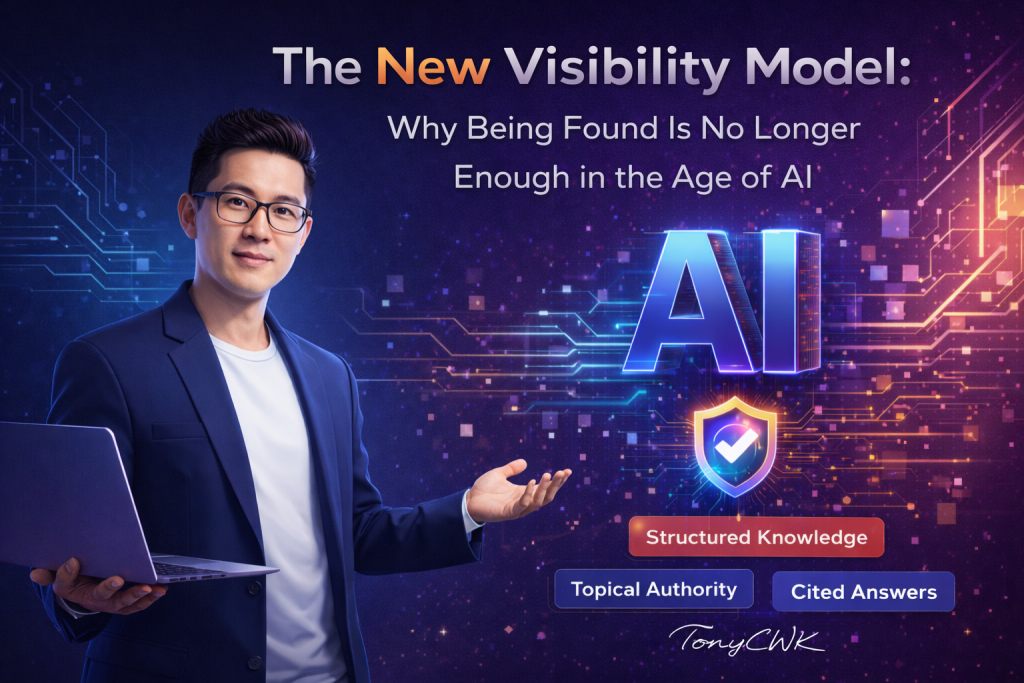 AI visibility model illustration showing transition from traditional search to AI-driven selection with structured knowledge, topical authority, and cited answers framework