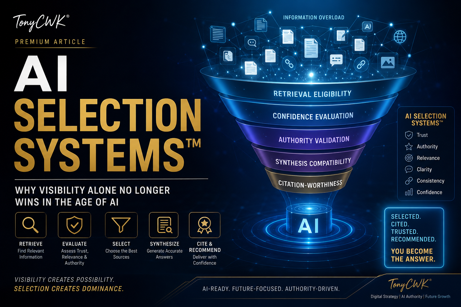 Futuristic TonyCWK infographic illustrating AI Selection Systems™ with layered AI evaluation funnel including retrieval eligibility, confidence evaluation, authority validation, synthesis compatibility, and citation-worthiness in AI-driven discovery.