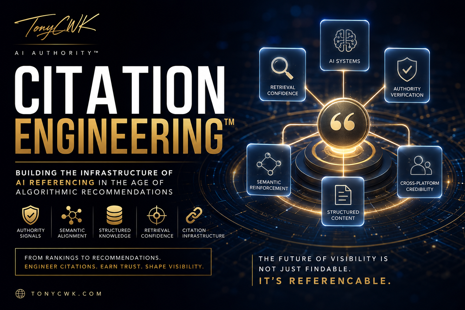 Premium TonyCWK featured image for “Citation Engineering™” showing a futuristic AI citation network with semantic reinforcement, retrieval confidence, structured knowledge, and authority verification connected around a glowing central citation core in a dark navy and gold enterprise design.