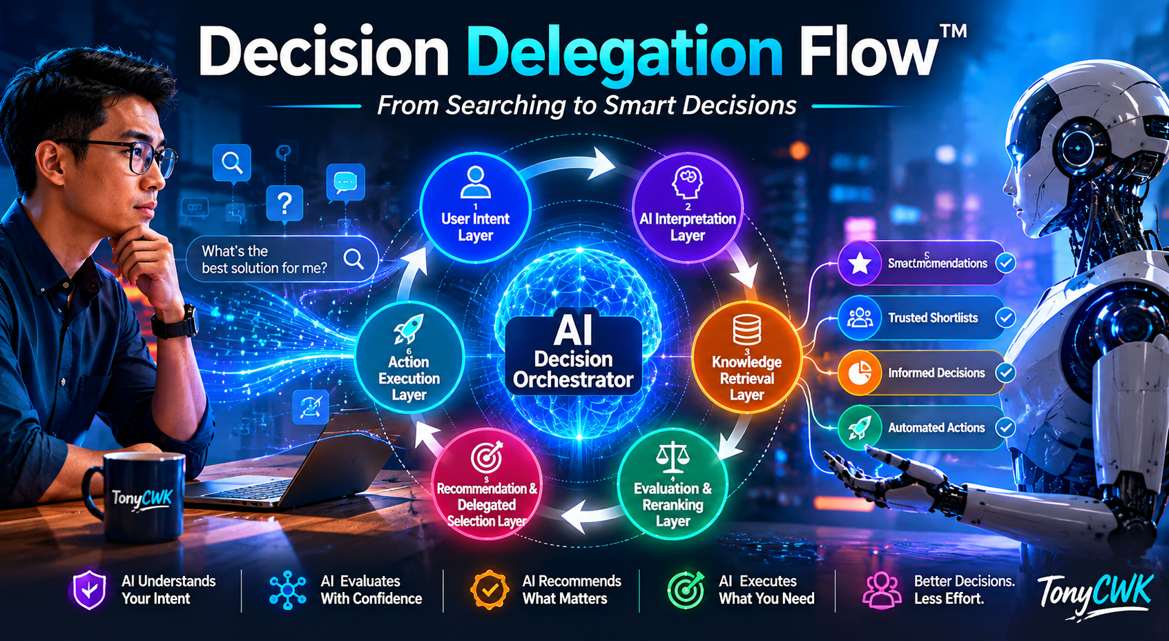 A futuristic TonyCWK infographic visualizing the Decision Delegation Flow™ framework, showing how AI systems transform user intent into intelligent recommendations and automated actions through multiple AI-driven decision layers.