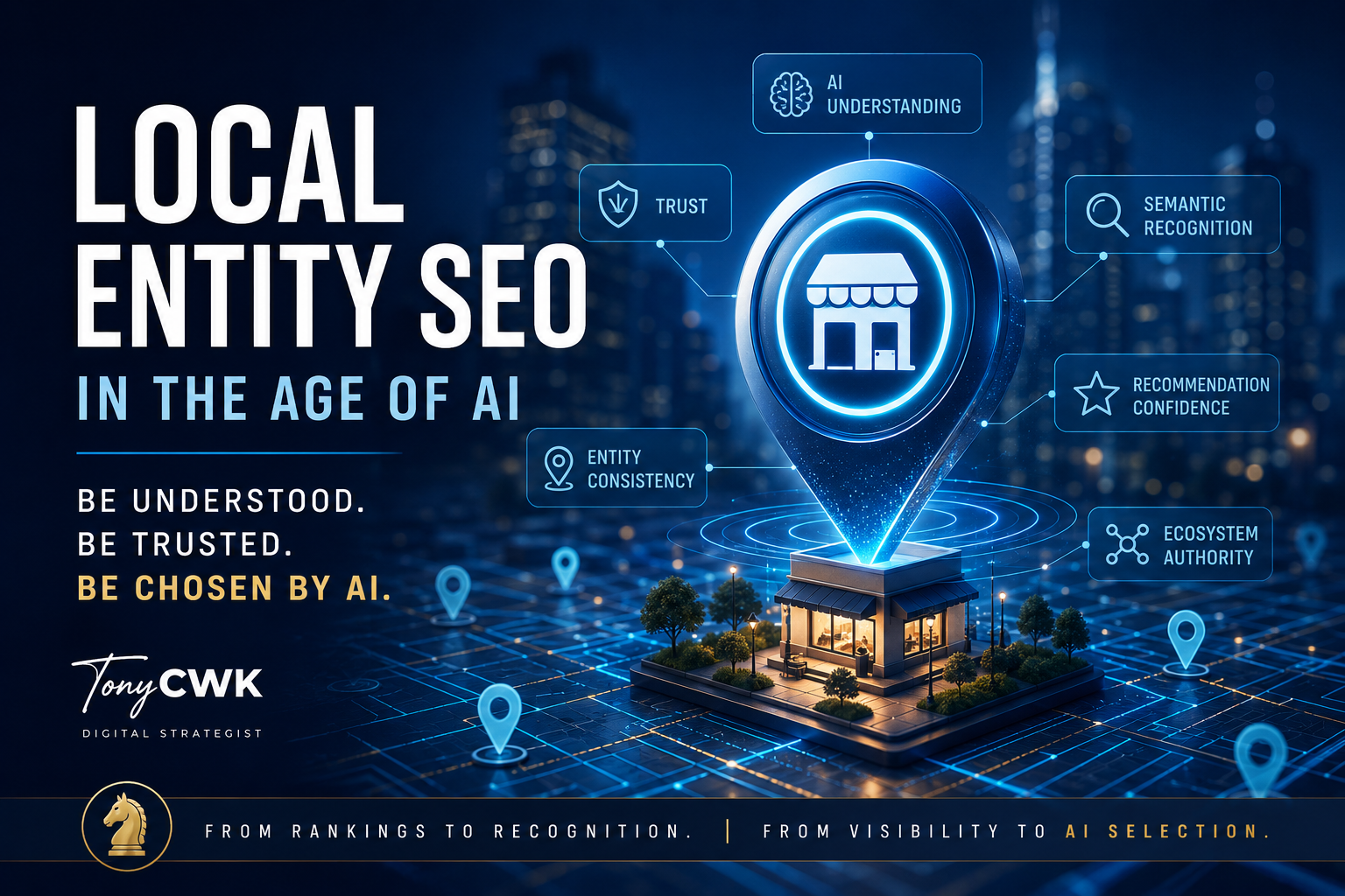 Futuristic AI-powered local SEO concept featuring digital map pin, local business entity recognition, semantic trust signals, AI recommendation systems, and TonyCWK branding in a premium blue and gold technology design.