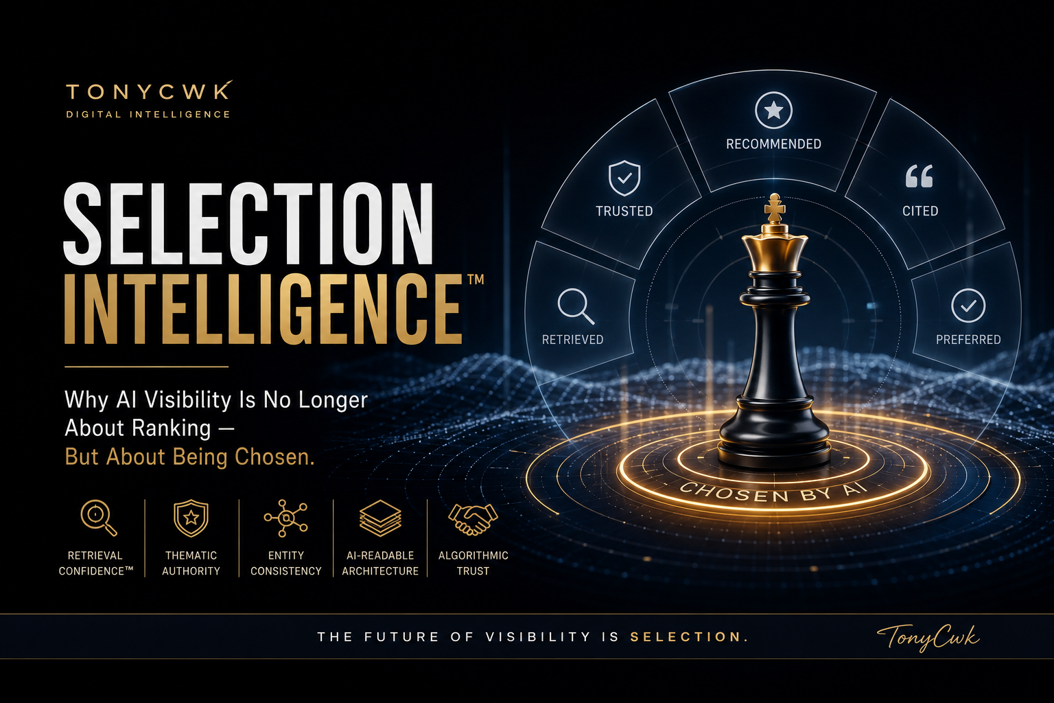 Premium TonyCWK featured image illustrating Selection Intelligence™ with a glowing AI-selected chess king, recommendation interface rings, and futuristic AI visibility architecture representing how modern AI systems choose trusted entities.