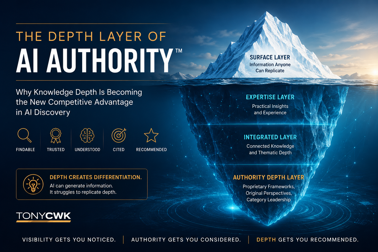 Futuristic TonyCWK infographic featuring a massive iceberg representing layered AI authority, showing surface knowledge above water and deeper expertise, integrated knowledge, and authority depth layers beneath the ocean in a blue and gold AI-themed design.
