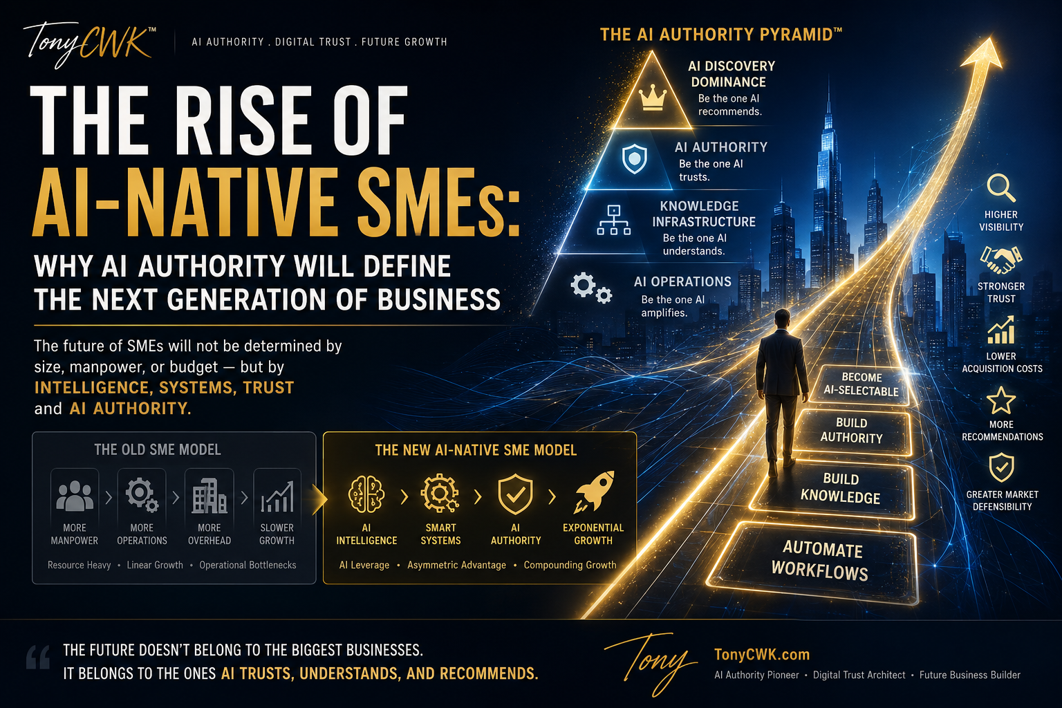 Futuristic TonyCWK infographic showing the rise of AI-native SMEs, featuring the AI Authority Pyramid™, AI-powered business growth, intelligent systems, and the future of AI-selectable businesses.