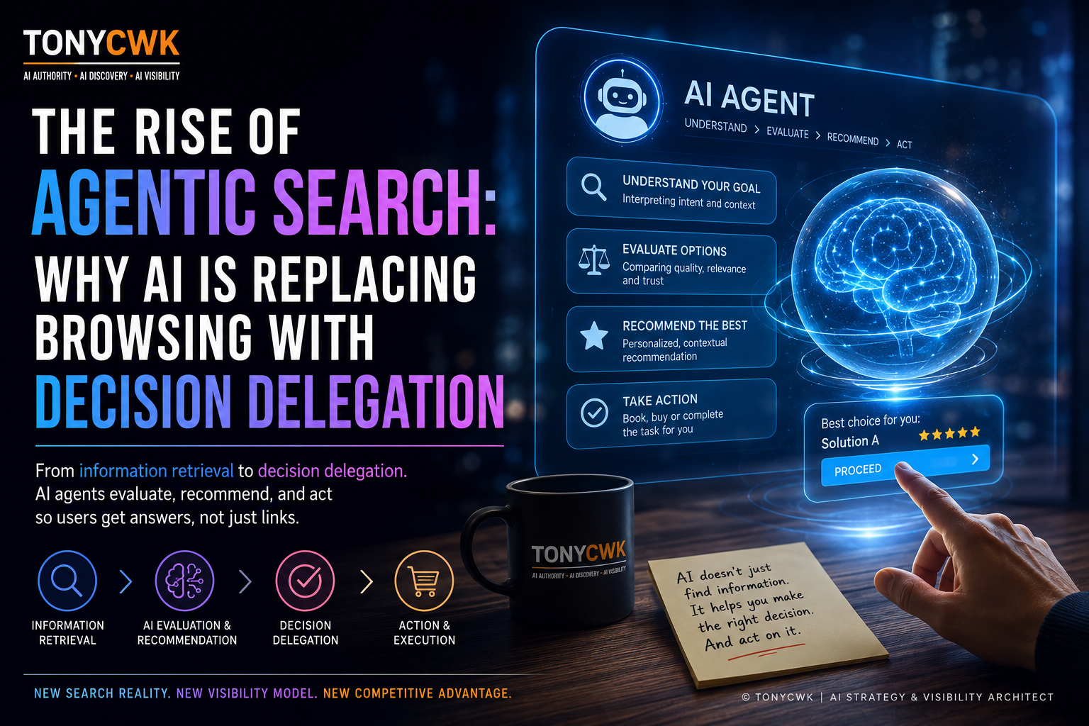 Futuristic TonyCWK featured image showing AI agents evaluating, recommending, and acting on behalf of users, illustrating the shift from traditional browsing to AI-driven decision delegation and agentic search.