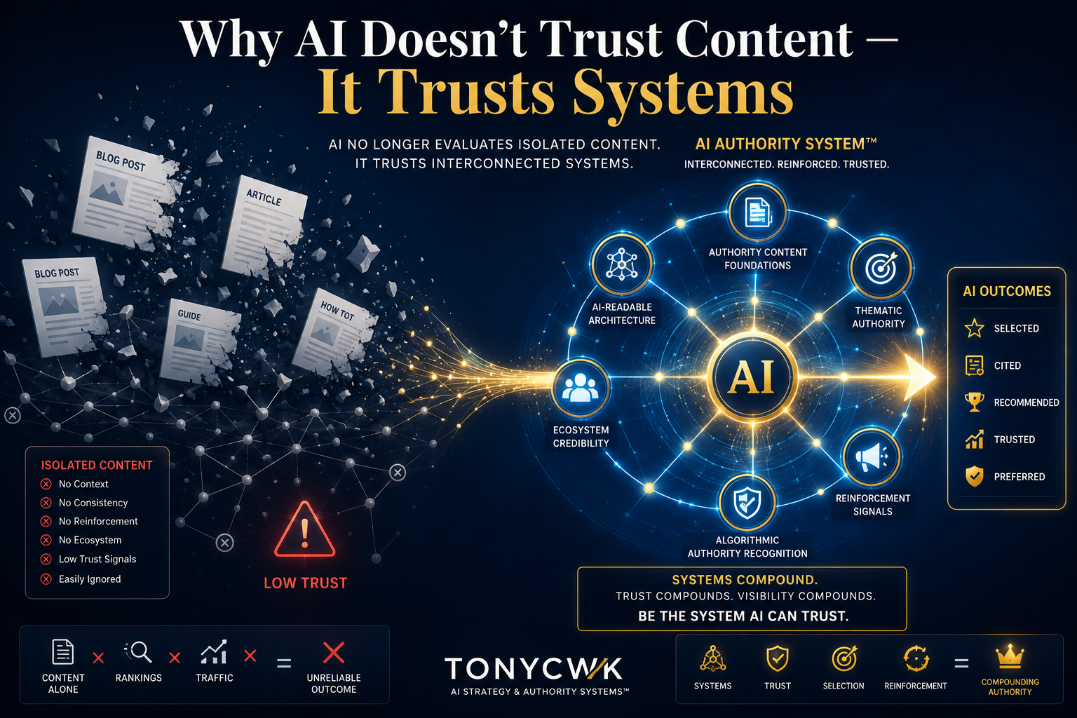 AI Authority System showing why AI trusts interconnected systems instead of isolated content in the age of AI discovery.