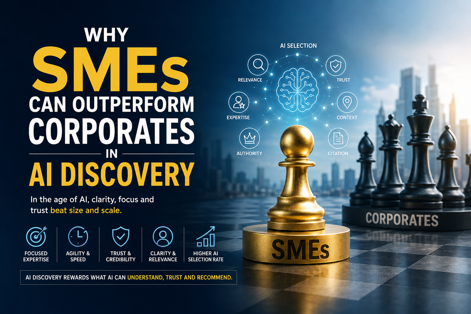 A premium TonyCWK featured image showing a glowing gold SME chess piece outperforming larger corporate chess pieces in an AI-driven digital ecosystem, symbolizing how SMEs can gain stronger AI discovery visibility through clarity, trust, and specialization.