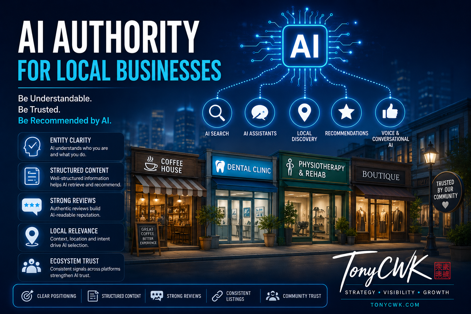AI Authority for Local Businesses concept showing AI-powered local business discovery, trusted local storefronts, customer reviews, entity clarity, and AI recommendation systems.
