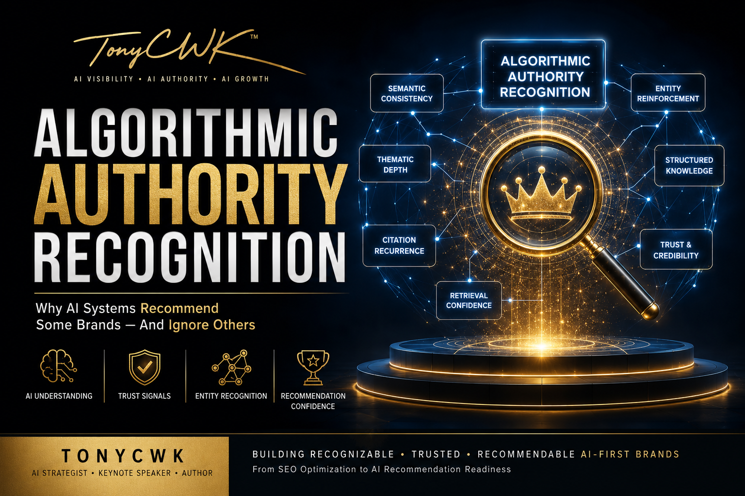 Algorithmic Authority Recognition AI authority system visualization by TonyCWK showing how AI systems evaluate trusted brands and recommendation signals