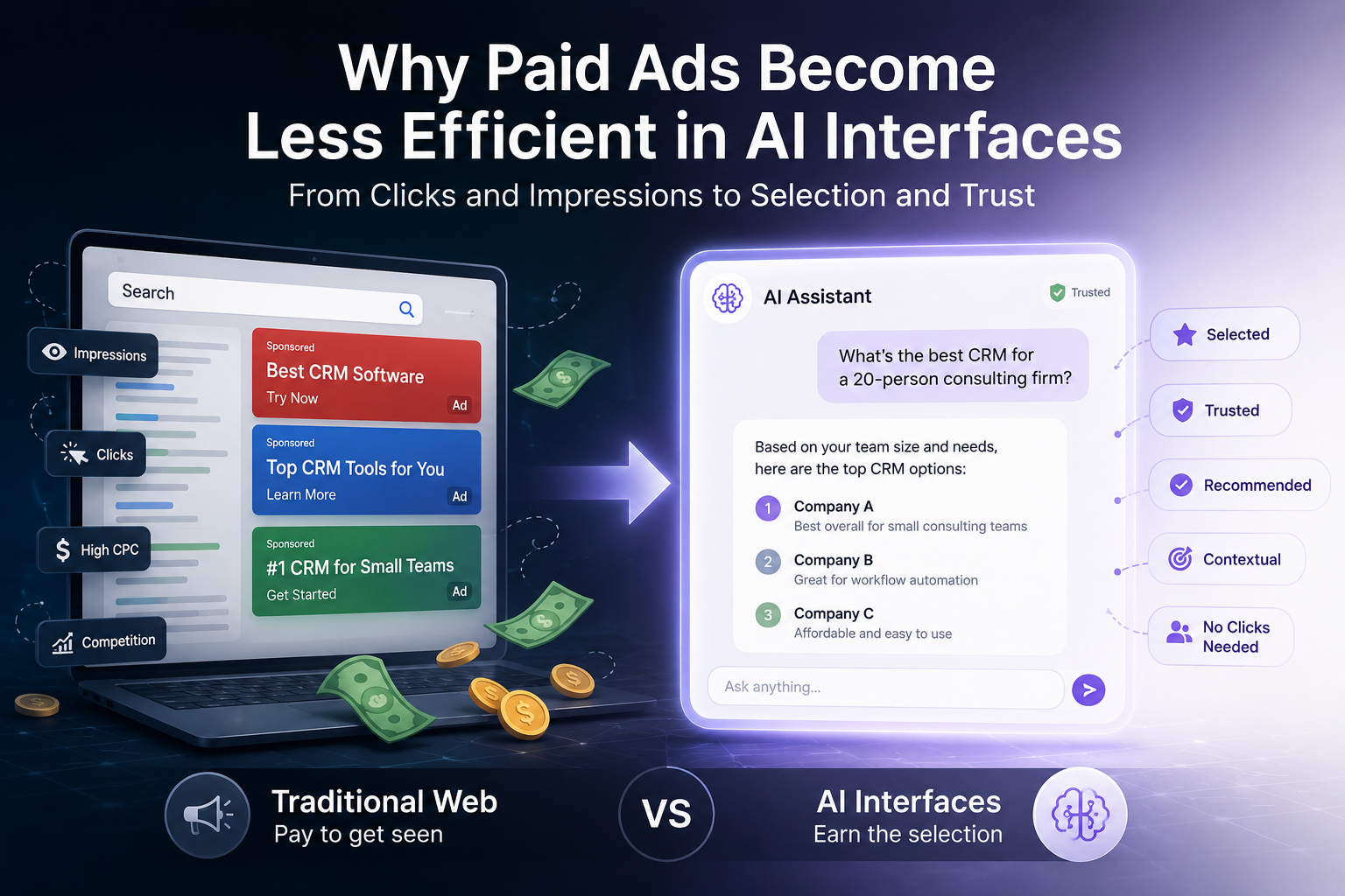 A premium TonyCWK infographic comparing traditional paid advertising with AI-driven recommendation interfaces, showing the shift from click-based visibility to AI selection and trust.