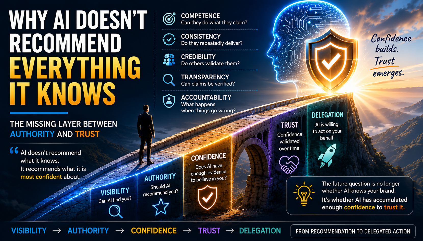 A visual framework showing the progression from Visibility to Authority, Confidence, Trust, and Delegation, illustrating how confidence accumulation bridges AI recommendations and delegated actions.