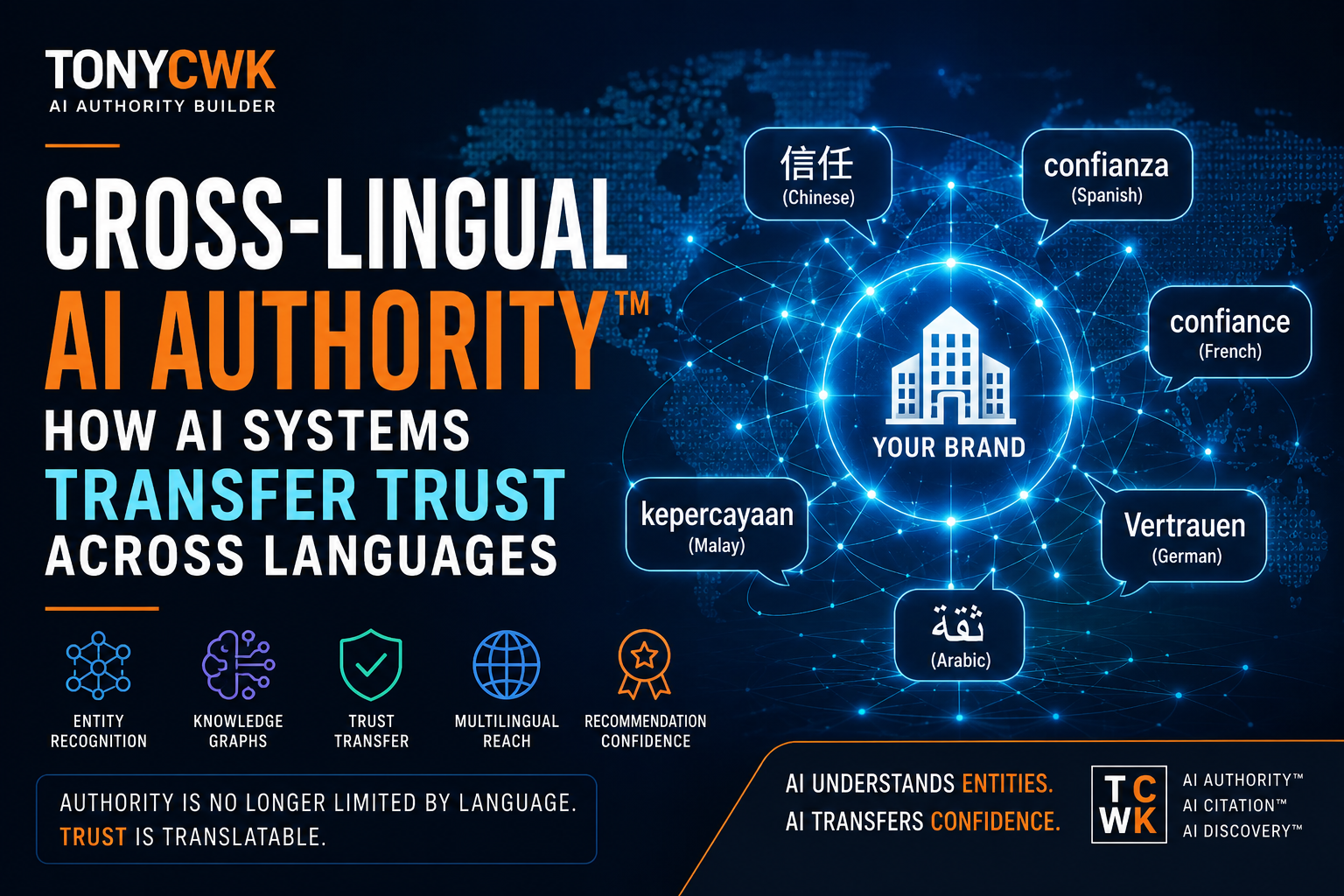 A futuristic global AI network illustrating Cross-Lingual AI Authority™, showing a central brand entity connected through knowledge graphs and trust signals to multiple languages including English, Chinese, Spanish, French, German, Malay, and Arabic, representing how AI systems transfer recommendation confidence across languages.