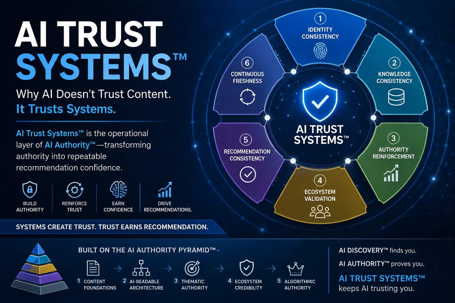 Diagram illustrating AI Trust Systems™ as the operational layer of AI Authority™, showing six reinforcing components: Identity Consistency, Knowledge Consistency, Authority Reinforcement, Ecosystem Validation, Recommendation Consistency, and Continuous Freshness that strengthen AI recommendation confidence.