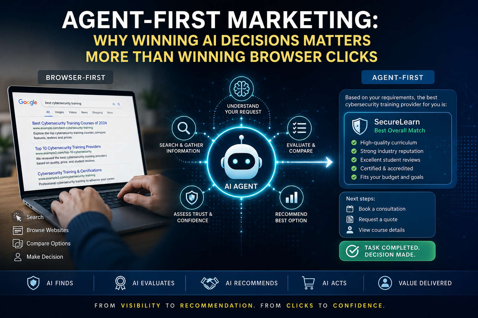 Illustration comparing browser-first and agent-first marketing, showing the shift from human web browsing to AI agents that search, evaluate, build confidence, recommend businesses, and complete tasks on behalf of users.