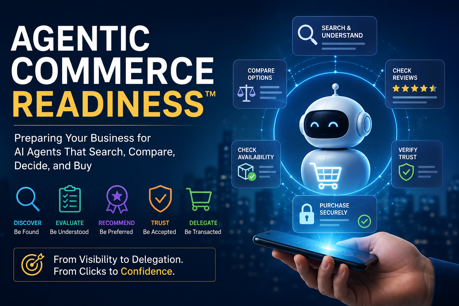 A conceptual illustration of Agentic Commerce Readiness™ showing the progression from AI discovery and evaluation to recommendation, trust, delegation, and secure AI-assisted purchasing, with interconnected digital nodes representing confidence-driven commerce.