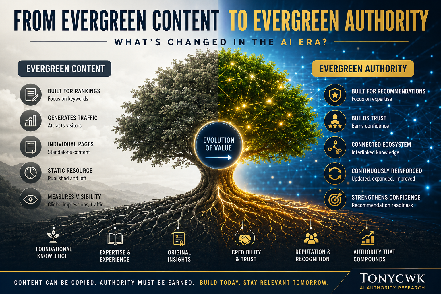 Illustration comparing Evergreen Content and Evergreen Authority in the AI era, showing the evolution from SEO-focused content to AI recommendation-driven authority through expertise, trust, credibility, and interconnected knowledge.