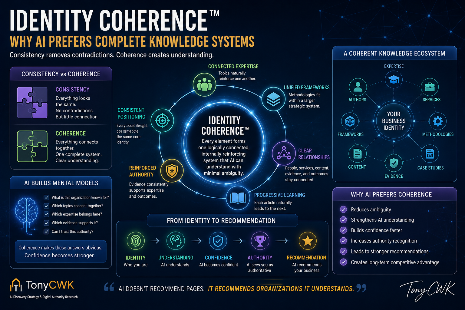 Identity Coherence™ infographic illustrating how AI builds understanding from a coherent knowledge ecosystem where expertise, content, frameworks, services, methodologies, evidence, and case studies are logically connected to strengthen AI confidence, authority, and recommendations.