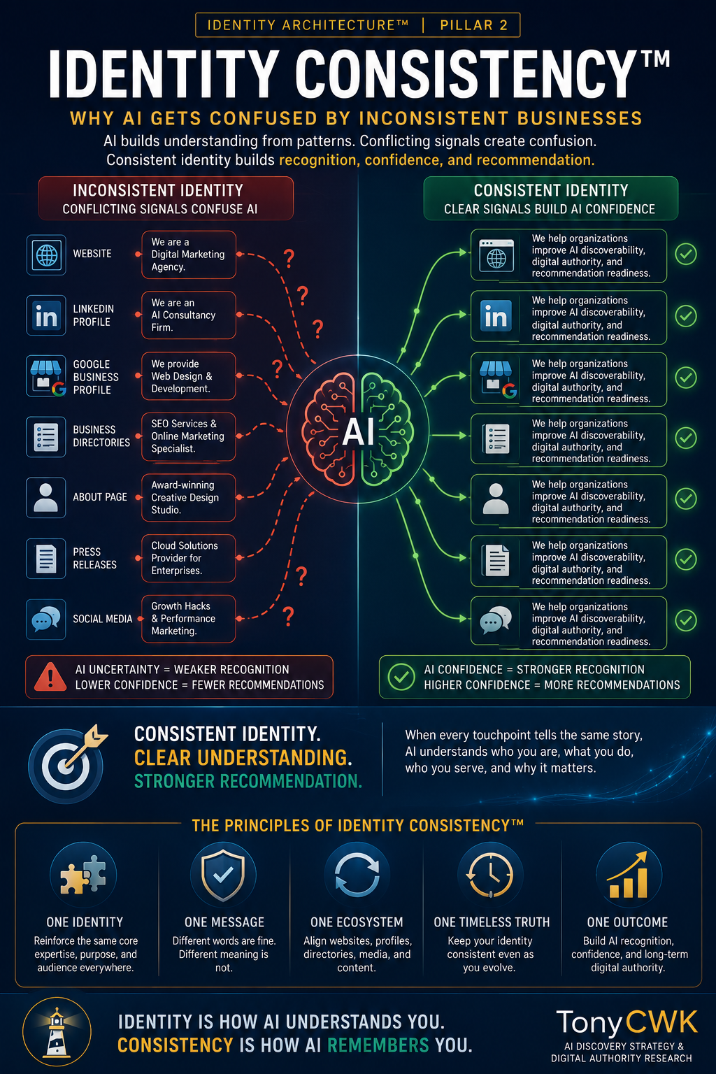 Identity Consistency™ infographic comparing inconsistent and consistent business identity signals across websites, LinkedIn, Google Business Profile, business directories, social media, and press releases, showing how consistent digital identity improves AI understanding, confidence, and recommendations.