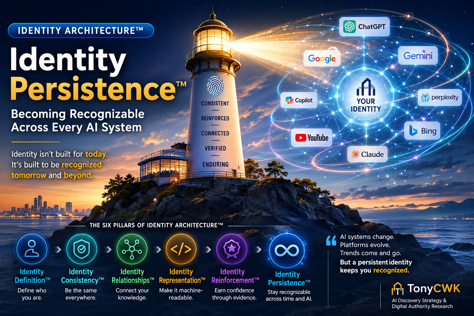 Identity Persistence™ infographic showing a lighthouse representing enduring business identity connected to multiple AI systems including ChatGPT, Google AI, Gemini, Claude, Copilot, Perplexity, Bing, and YouTube, illustrating how a consistent, reinforced identity remains recognizable across evolving AI platforms and over time.