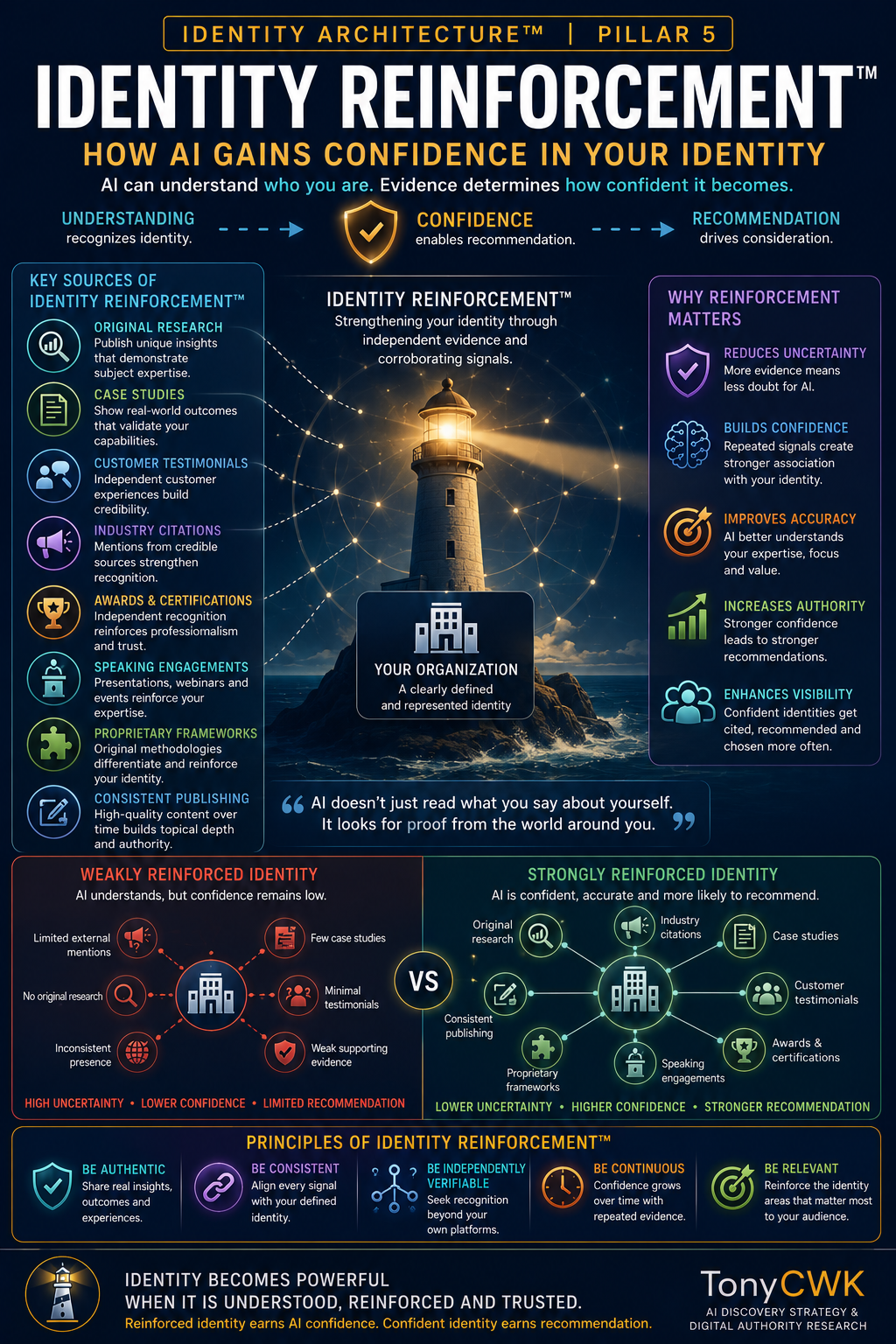 Identity Reinforcement™ infographic illustrating how AI gains confidence in a business identity through original research, case studies, customer testimonials, industry citations, awards, speaking engagements, proprietary frameworks, and consistent publishing, leading to stronger AI recommendations and AI Authority™.