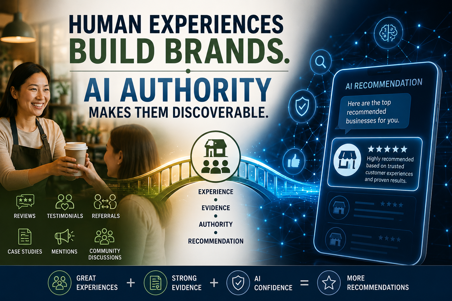 Illustration showing how positive human customer experiences generate reviews, testimonials, and credibility signals that strengthen AI Authority and increase AI recommendations for brands.