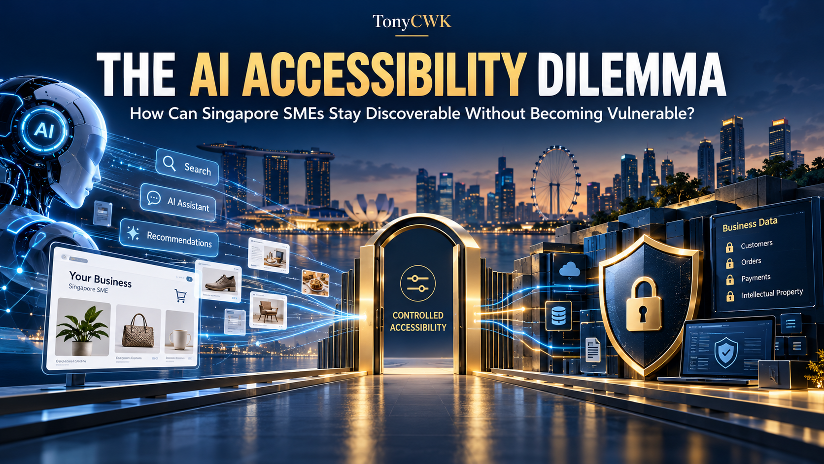 AI Accessibility Dilemma for Singapore SMEs, illustrating AI-powered business discovery, controlled agent access and cybersecurity protection.